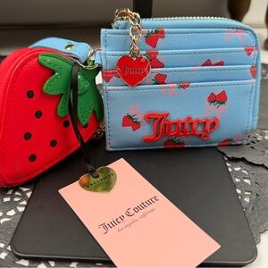 Juicy Couture Strawberry Card Holder Wallet Blue Zip Coin Purse w/ Charm NWT